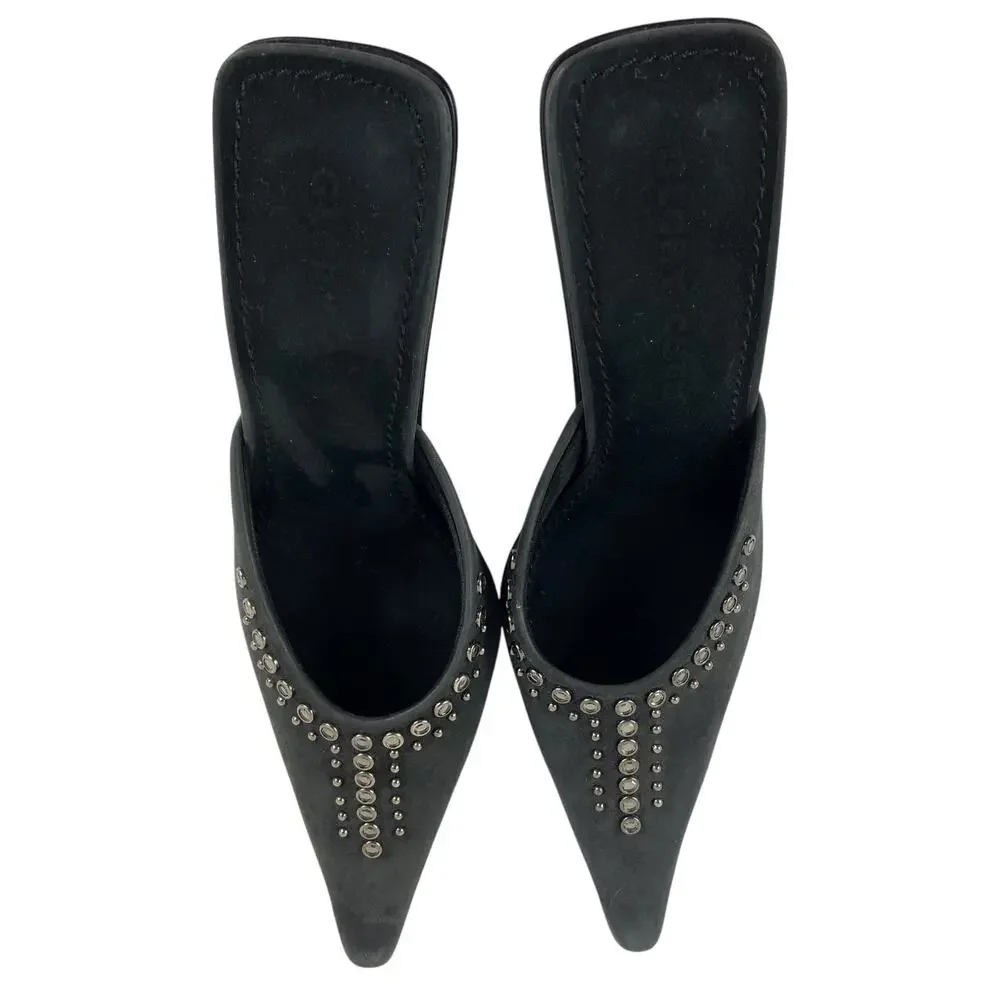 Glory Chen Black Studded Black Leather Suede Pointed Toe Mule Heels Size 5.5